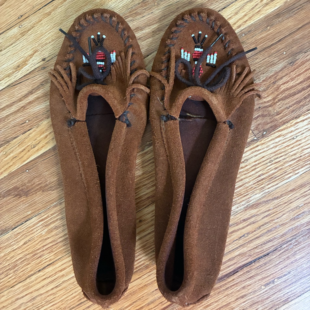Minnetonka Brown Moccasins with Beaded Design